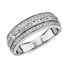 14k 白金 ZAC ZAC POSEN 三排横向长方形钻石和密钉钻石结婚戒指(6 毫米、3/4 克拉总重量)