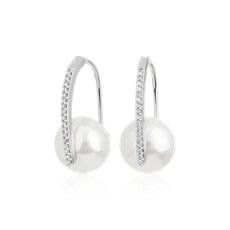 新款 14k 白金白色淡水養珠鑽石吊式耳環 （10.5-11 毫米）