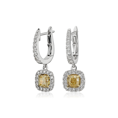 Yellow Cushion Cut Diamond Halo Stud Earrings In 18k White And