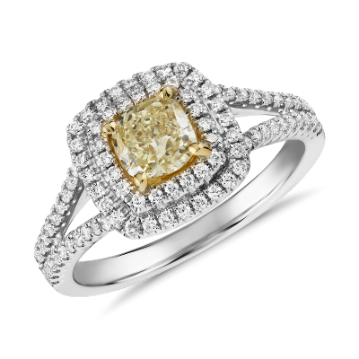 Yellow Diamond Cushion Cut With Double Halo Ring In 18k White Gold