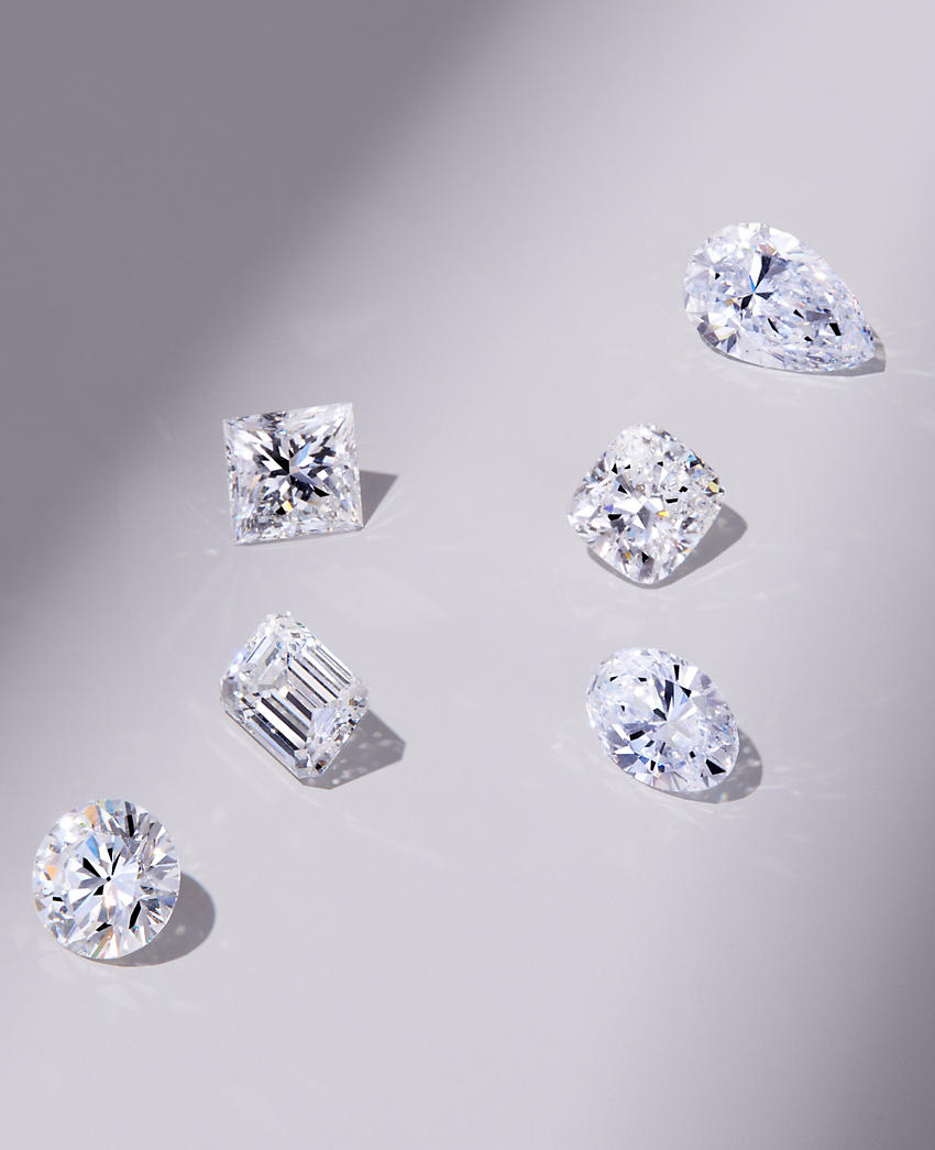 Six fancy shaped diamonds: round, emerald, princess, pear, radiant and oval