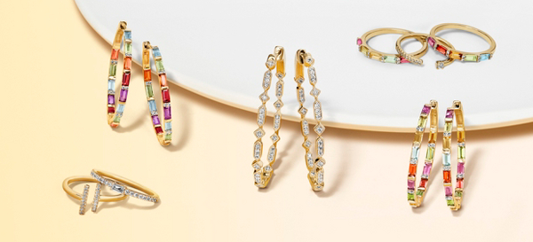 An array of diamond and diamond and sapphire jewellery.