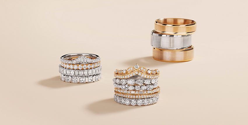 Yellow and white gold bands and diamond eternity bands