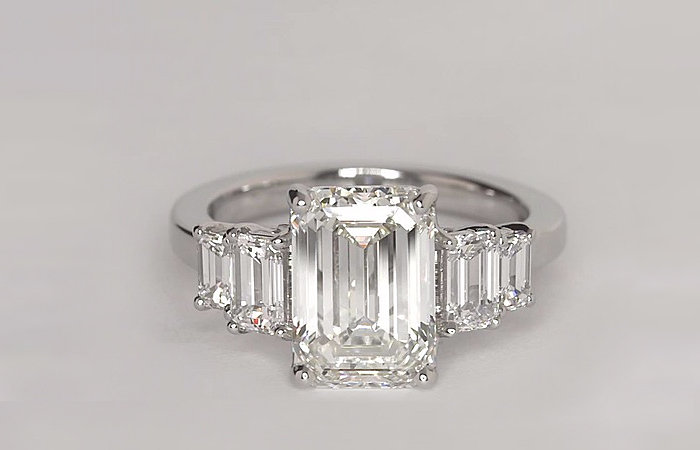 Four Stone Emerald Diamond Engagement Ring in Platinum set with a 3.51 Carat, emerald-cut diamond Four Stone Emerald Diamond Engagement Ring in Platinum set with a 3.51 Carat, emerald-cut diamond