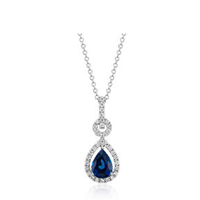 Floating pendant featuring a pear-shaped sapphire surrounded by round diamonds in 14k white gold.