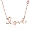 Love necklace with a single round diamond in 14k rose gold.