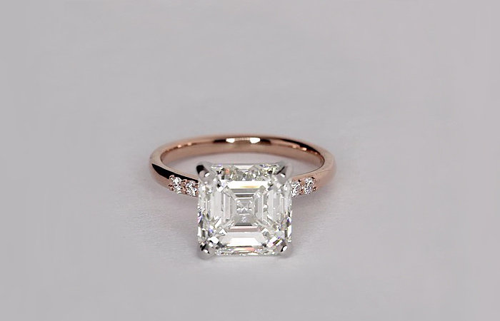 Petite Diamond Engagement Ring in 14k Rose Gold set with a 4.02 Carat Asscher-cut diamond Petite Diamond Engagement Ring in 14k Rose Gold set with a 4.02 Carat Asscher-cut diamond