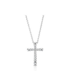 Colgante pequeño de oro blanco de 14 k con diamantes redondos engarzados en diseño de cruz.