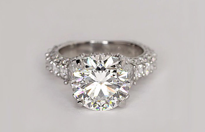 Bella Vaughan for Blue Nile Grandeur Trapezoid Diamond Engagement Ring in Platinum set with a 4.05 Carat round, ideal-cut diamond Bella Vaughan for Blue Nile Grandeur Trapezoid Diamond Engagement Ring in Platinum set with a 4.05 Carat round, ideal-cut diamond