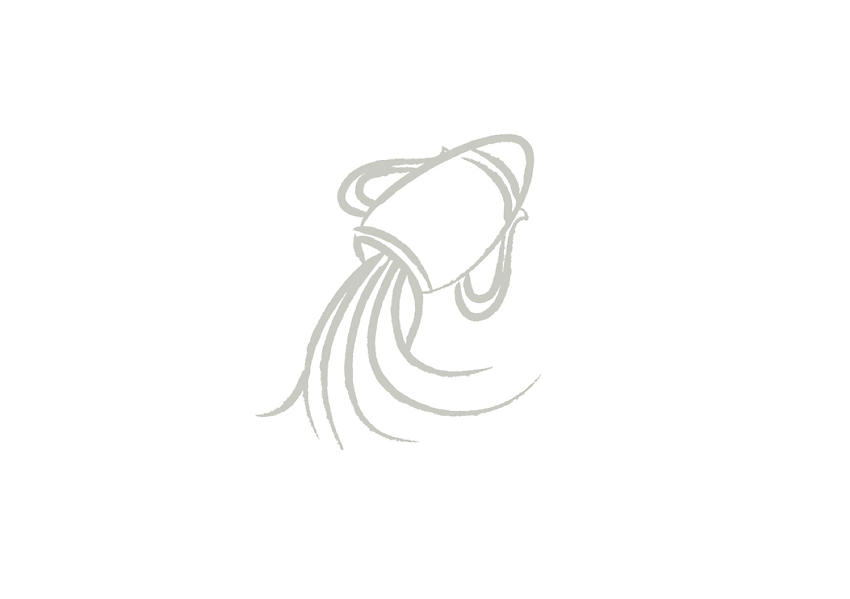 An illustration of an urn spilling water, the zodiac symbol for Aquarius, using hand-drawn grey brush strokes
