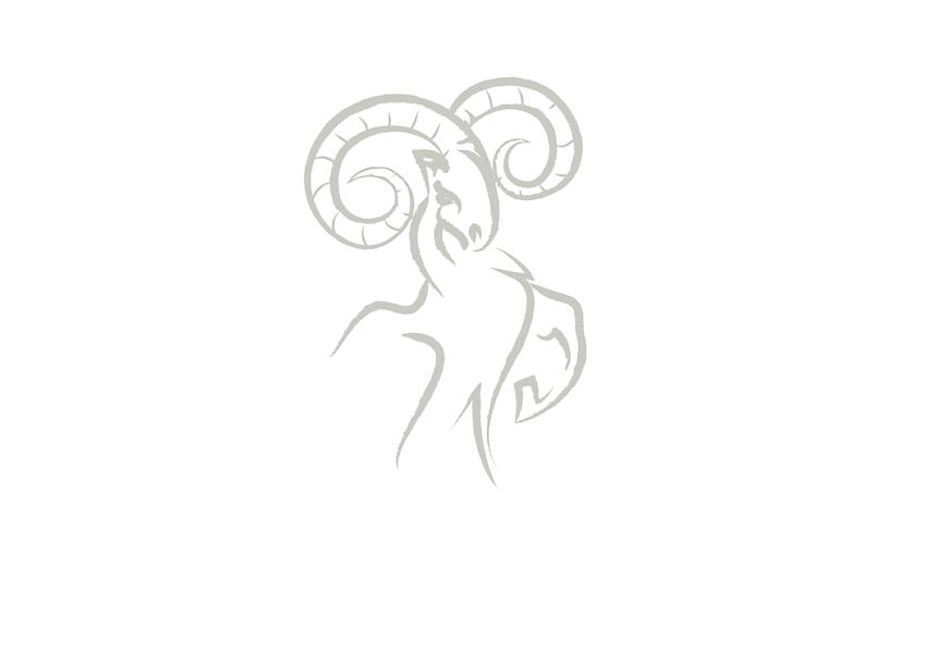 An illustration of a horned ram, the zodiac symbol for Aries, using hand-drawn gray brush strokes