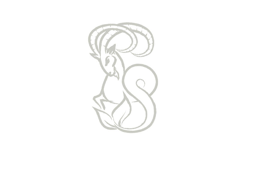 An illustration of a horned sea goat, the zodiac symbol for Capricorn, using hand-drawn grey brush strokes