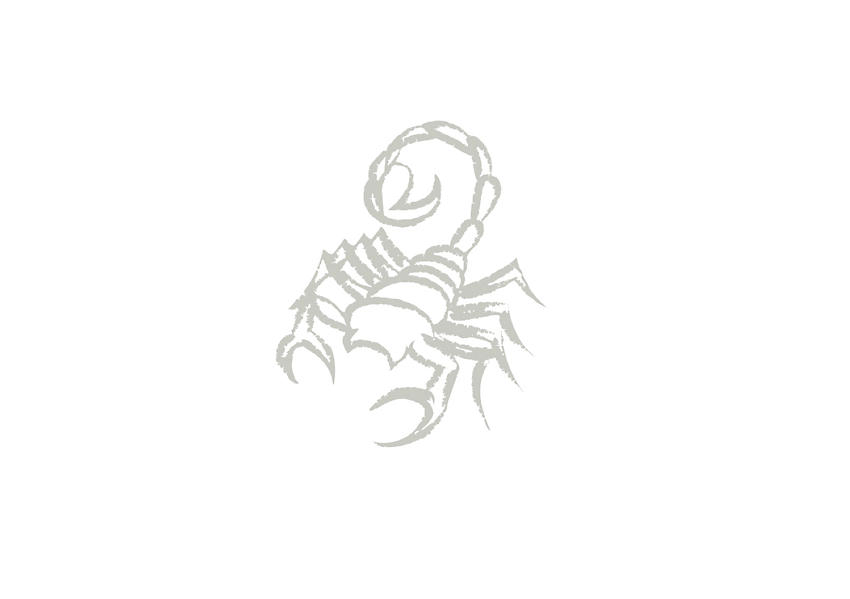 An illustration of a scorpion, the zodiac symbol for Scorpio, using hand-drawn grey brush strokes