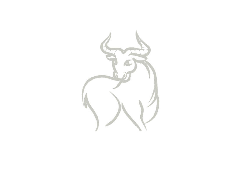 An illustration of a horned bull, the zodiac symbol for Taurus, using hand-drawn gray brush strokes