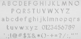 Uppercase and lowercase alphabet, numbers, and special characters in Block font.