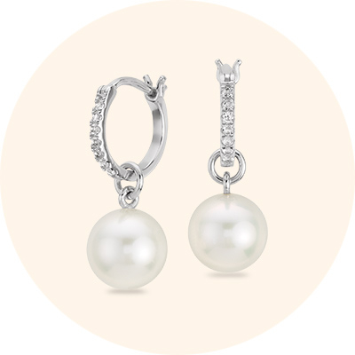 Freshwater Cultured Pearl and White Topaz Drop Hoop Earrings