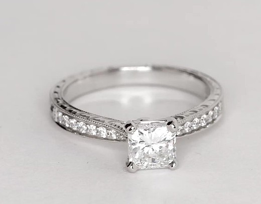 Hand-Engraved Micropavé Diamond Engagement Ring in 14k White Gold (1/6 ...