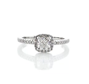 14k 白金垫形切割光环钻石订婚戒指