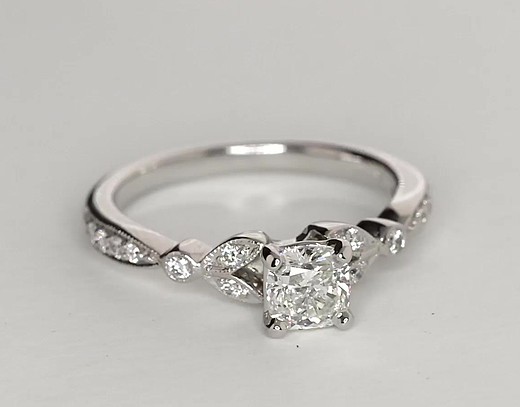Petite Vintage Pavé Leaf Diamond Engagement Ring in 14k White Gold (1/5 ...