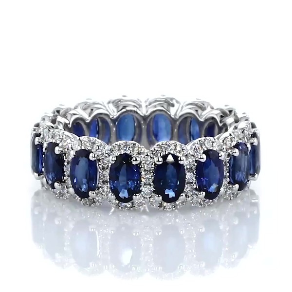 Oval Sapphire Halo Eternity Ring in 14k White Gold (5x3mm)