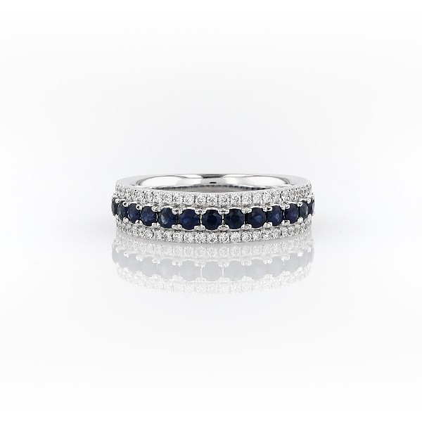 Triple Row Sapphire and Diamond Ring in 14k White Gold (2mm)