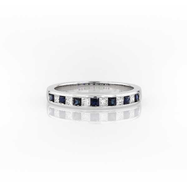 14k 白金槽镶公主方形蓝宝石及钻石戒指