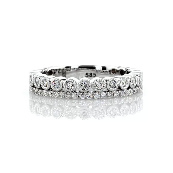 14k 白金双排式密钉和锯状滚边包边镶钻石结婚戒指（3/8 克拉总重量）