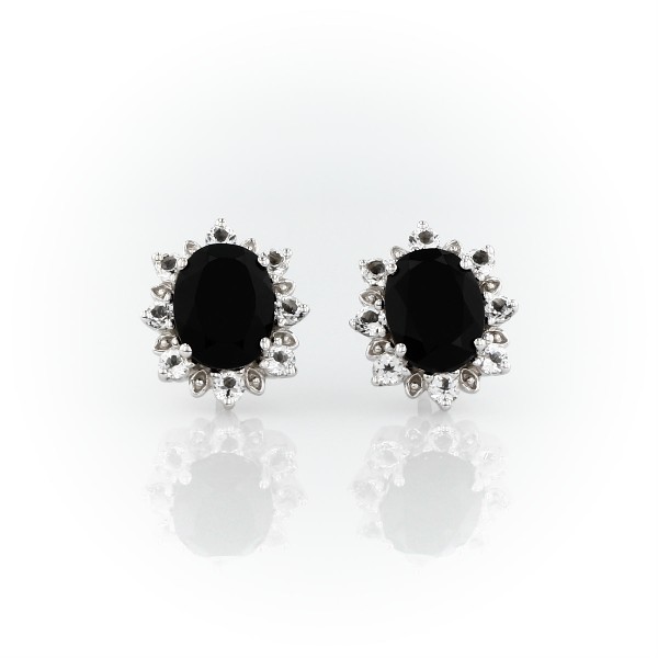 Sunburst Oval Black Onyx Stud Earrings in Sterling Silver (8x6mm)