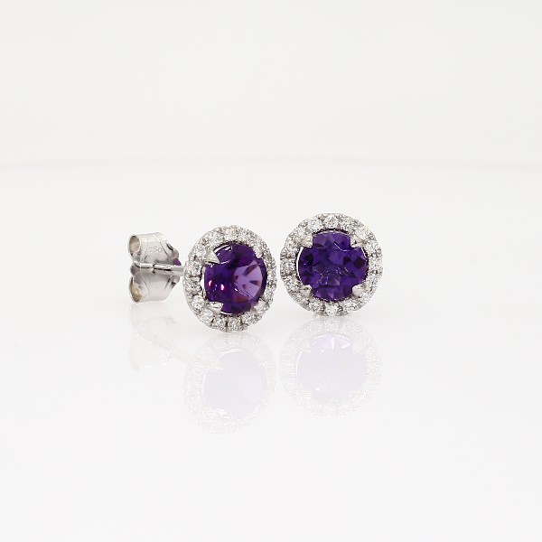 Amethyst and Micropavé Diamond Stud Earrings in 18k White Gold (5mm ...