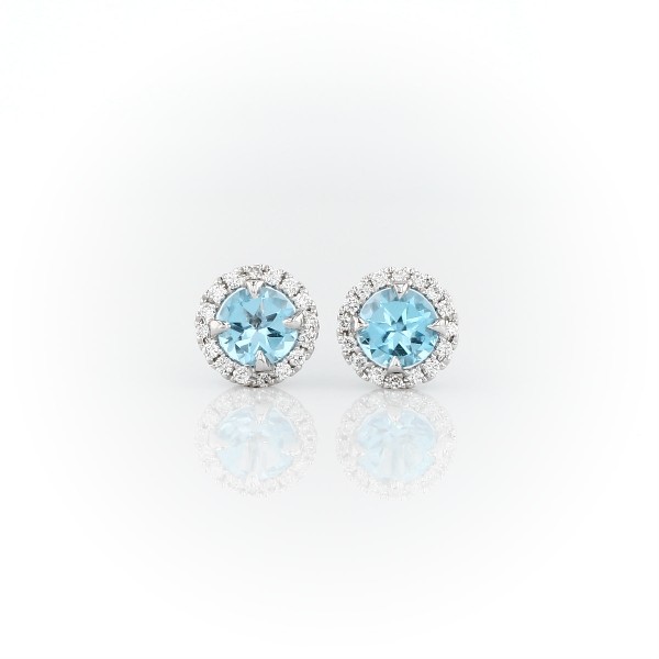 Blue Topaz and Micropavé Diamond Stud Earrings in 18k White Gold (5mm)