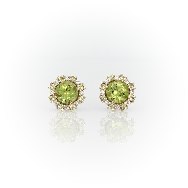 Peridot Earrings with Peridot and Diamond Halo in 14k Yellow Gold (5mm)
