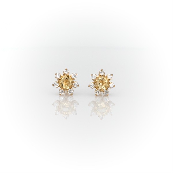 Mini Citrine Earrings with Diamond Blossom Halo in 14k Yellow Gold