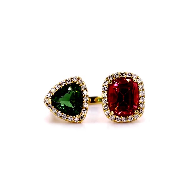 Pink and Green Tourmaline Two Stone Ring in 18k Yellow Gold
