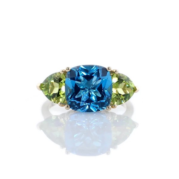 Cushion Swiss Blue Topaz and Peridot Trillion Ring in 14k Yellow Gold