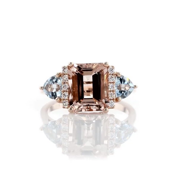 Morganite and Aquamarine Diamond Cathedral Ring in 14k Rose Gold