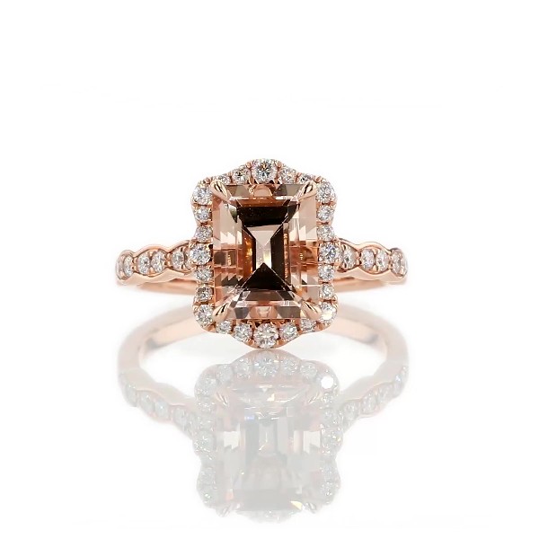 Emerald Cut Morganite Ring with Diamond Halo in 14k Rose Gold