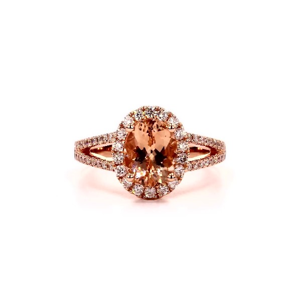 Anillo de cuerpo dividido con morganita ovalada y halo de diamantes en oro rosado de 14 k (9x7 mm)