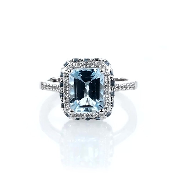 Emerald-Cut Blue and White Topaz Fashion Ring in Sterling Silver