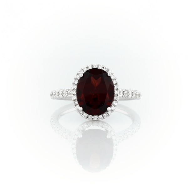 Garnet and Diamond Halo Ring in 18k White Gold (10x8mm)