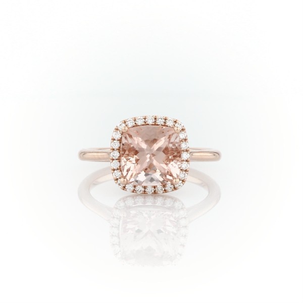 Morganite and Diamond Halo Cushion Ring in 14k Rose Gold (8x8mm)