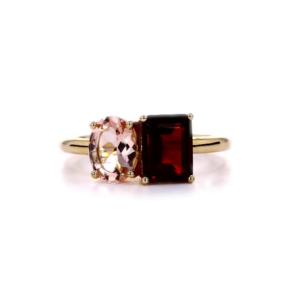 Morganite and Garnet Two Stone Ring in 14k Yellow Gold