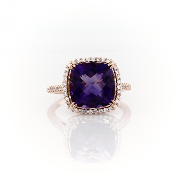 Cushion-Cut Amethyst Diamond Halo Cocktail Ring  in 14k Rose Gold (10.5mm)