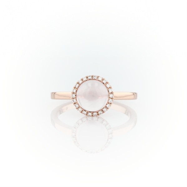 14k 玫瑰金小巧圆形凸圆面宝石玫瑰色石英带钻石光环戒指（7 毫米）