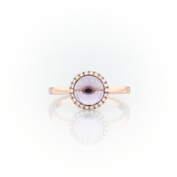 Petite Round Amethyst Cabochon Ring with Diamond Halo in 14k Rose Gold (7mm)