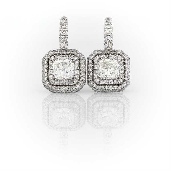 Cushion-Cut Diamond Double Halo Drop Earrings in 18k White Gold (2 1/2 ...
