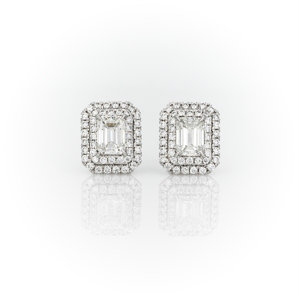 Emerald-Cut Diamond Double Halo Earrings in 18k White Gold (1.50 ct. tw ...