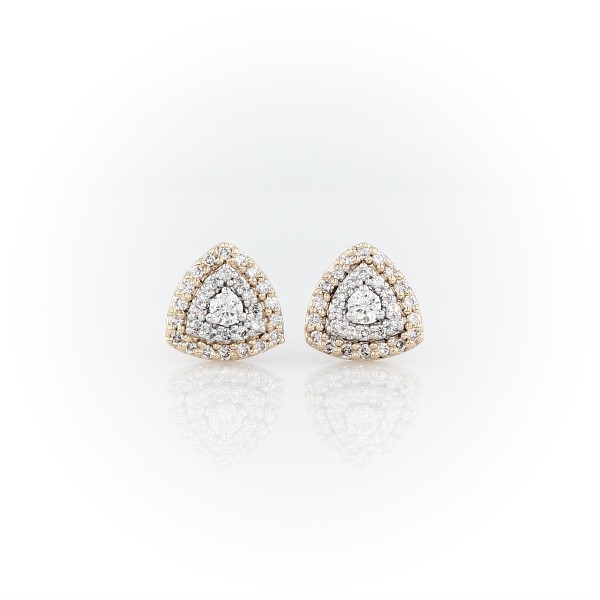 Aretes con halo de diamantes en forma de trillón en oro blanco y amarillo de 14 k (1/3 qt. total)