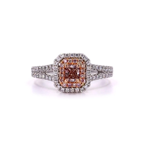 Fancy Pink Brown Cushion-Cut Diamond and Double Halo Diamond Ring in Platinum and 18k Rose Gold (0.83 ct. tw.)