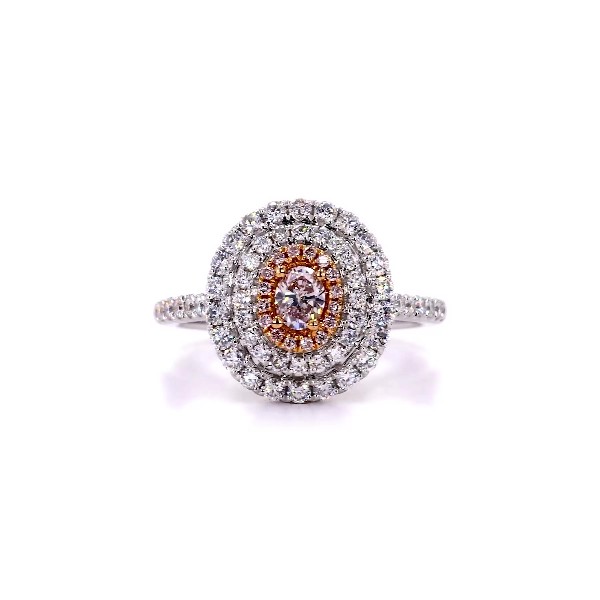 Very Light Pink Oval-Cut Diamond and Triple Diamond Halo Ring in Platinum and 18k Rose Gold (1.01 ct. tw.)