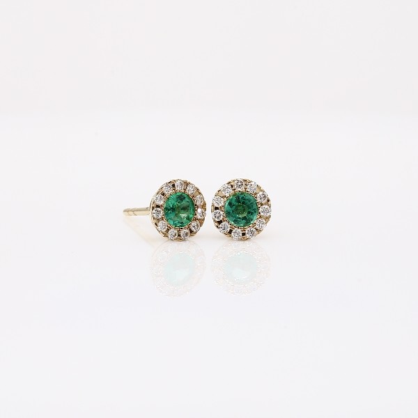 Petite Emerald and Diamond Halo Crown Stud Earrings in 14k Yellow Gold (3.5mm)
